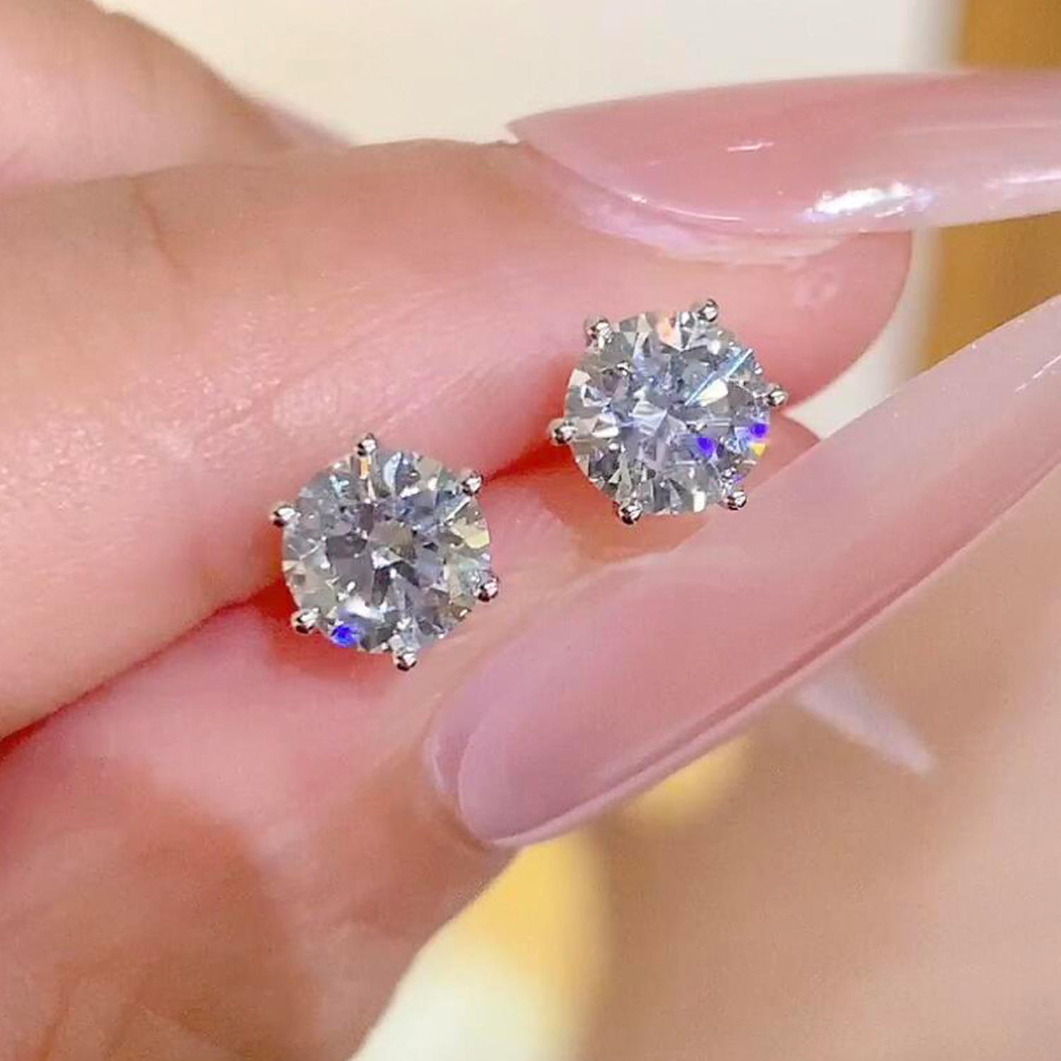 Raisove PT950鉑金 2cts／2p 六爪培育鑽石耳釘(E-003)